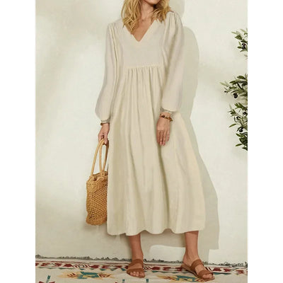 Women's fashion European and American dress Women's clothing Cotton linen loose lantern sleeves