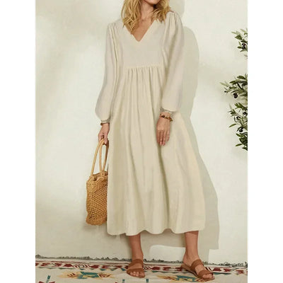 Women's fashion European and American dress Women's clothing Cotton linen loose lantern sleeves