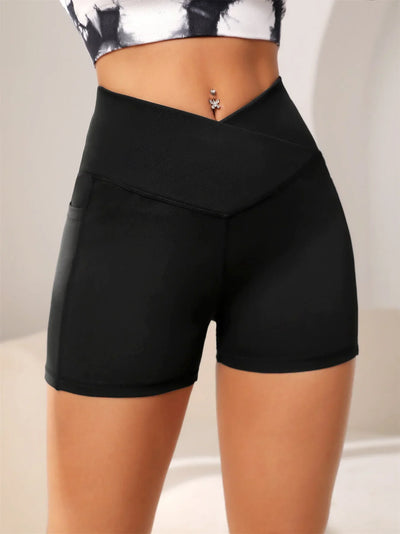 Women's High Cross Waist Biker Shorts Side Pockets Buttery Soft Comfy Criss Cross Running Yoga Athletic Short Pants