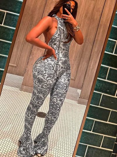 kliou Attractive Y2K Women Jumpsuits Fashion Print Halter Backless High Collar Off Shoulder Overalls Female Midnight Clubwear