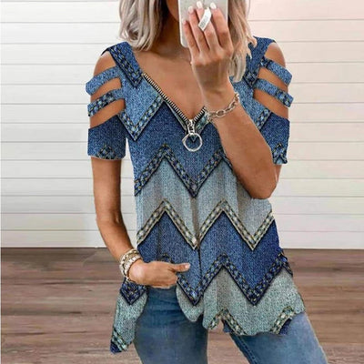 Summer Women's Oversized T-shirt 2025 Elegant Print Floral Casual Zipped V-Neck Sexy SlimTop Female Plus Size For Women Clothing