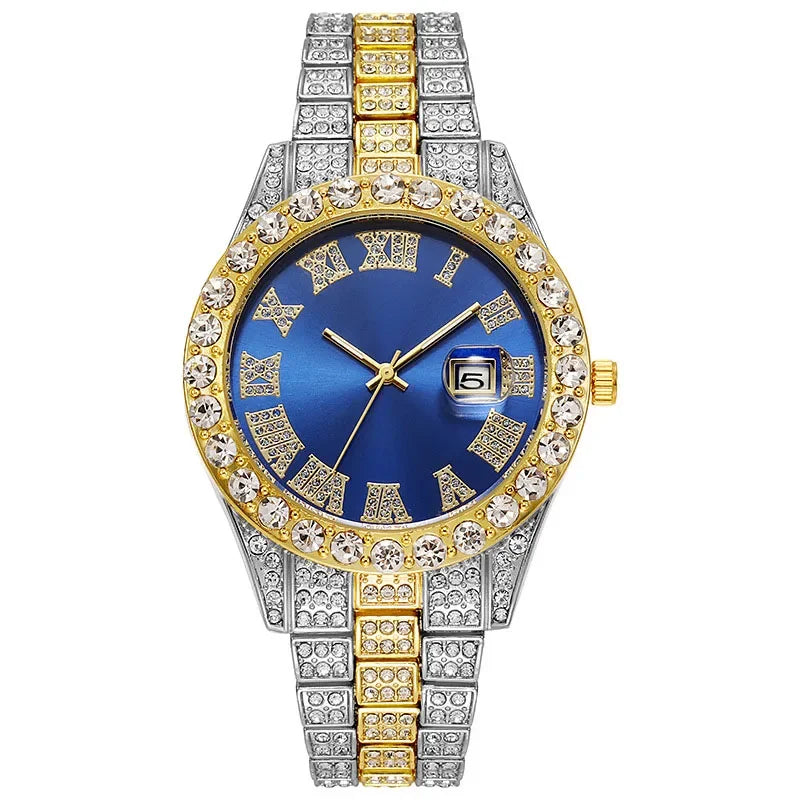 Personalized Hip Hop Watch with Shiny Rhinestones for Men, Luxury Clock, Band Length, Iced Steel Belt, 40mm Diameter Glass Dial