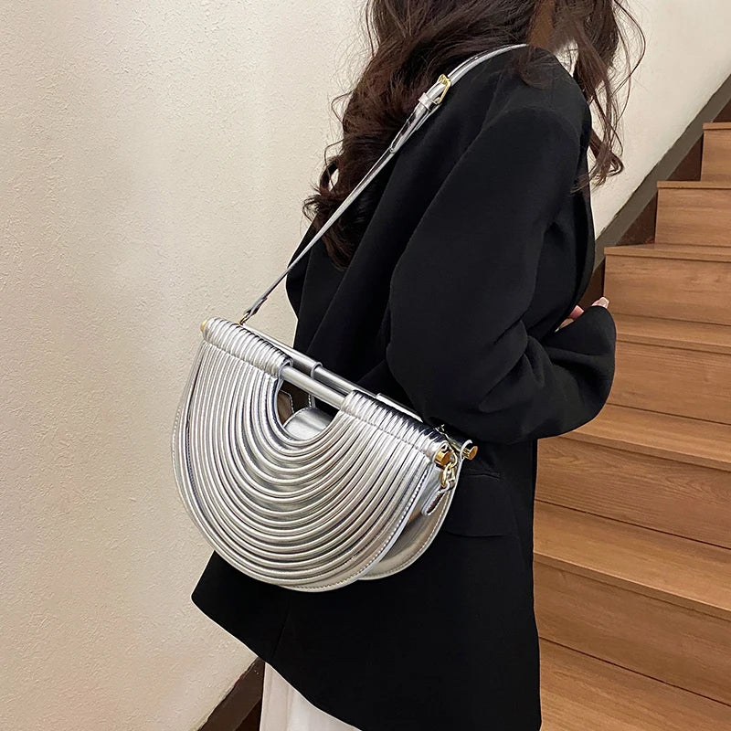 Handbags for Women 2025 New Gold Luxury Designer Brand Handwoven Noodle Bags Rope Knotted Pulled Half Moon Silver Evening Clutch