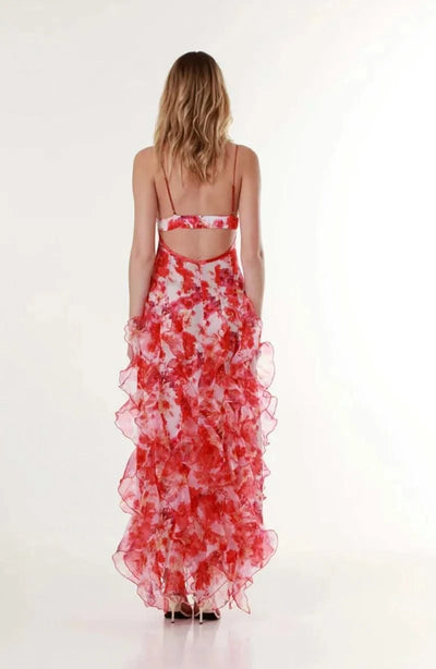 Summer Women Floral Print Party Dress Elegant New Fashion Strap V Neck High Waist Halter Corset Ruffle Evening Long Dress Robe