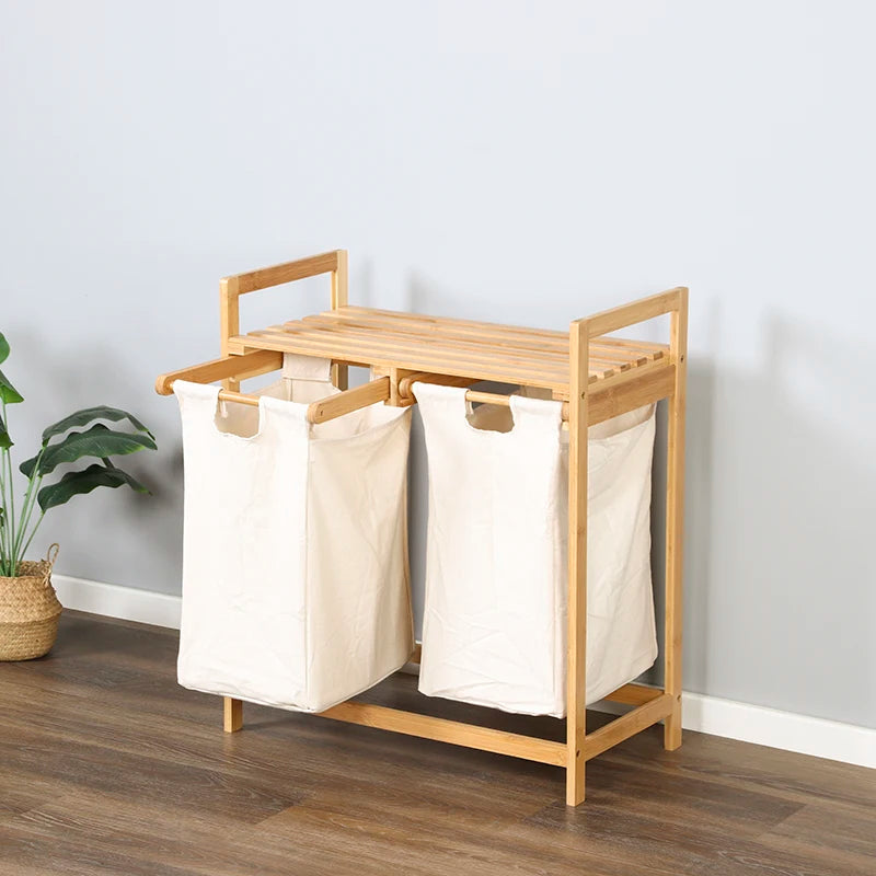 Double Laundry Hamper with Shelf Wooden Storage Bin with Removable Bags 2 Sections Organize Sorter Bamboo Basket with Handles