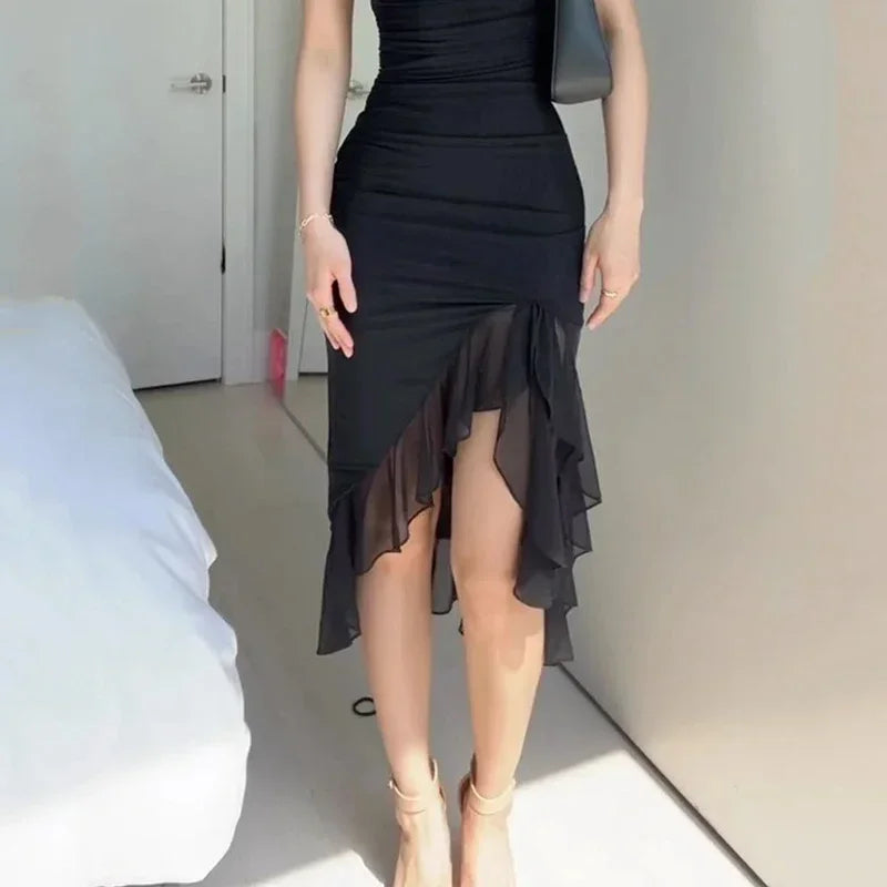 Wefads Women Maxi Dress Summer Elegant Solid Sleeveless Nipped Waist Slim Backless Ruffled Irregular Party Dresses Streetwear