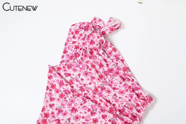Cutenew Floral Print Women Midi Dresses Fashion Incline Shoulder Bandage Ruffle Splited Vestidos Female Vacation Street Bodycon