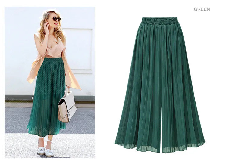 Loose Wide Leg Plus Size Pants Women Summer Fashion Streetwear Pleated Pants Skirts Elastic Waist Culottes Black Green Trousers
