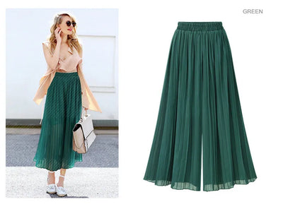 Loose Wide Leg Plus Size Pants Women Summer Fashion Streetwear Pleated Pants Skirts Elastic Waist Culottes Black Green Trousers