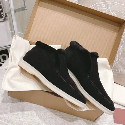 Fur Ankle Boots Women's Cow Suede Loafers High Quality 2025 Winter Flat Shoes Fur Integrated Warm Snow Boots