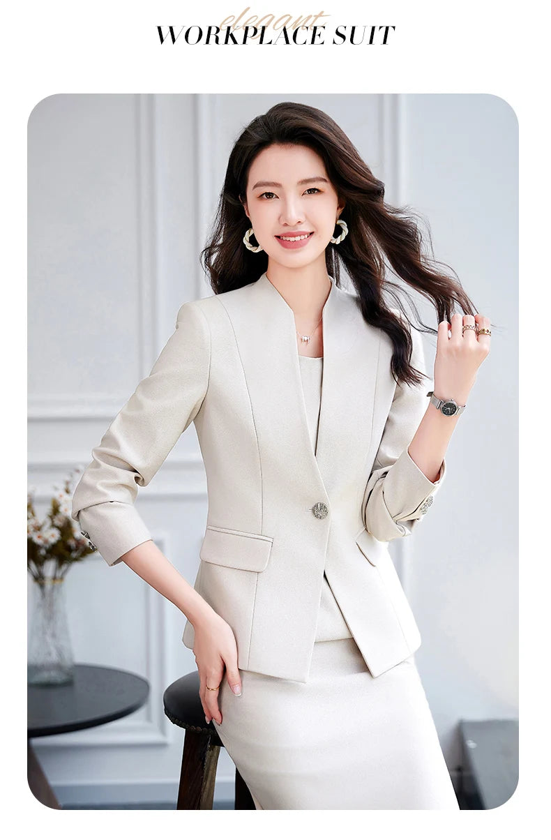 NAVIU 2025 Women Office Dress Set Monochromatic Slim Fit Suit Stand Collar Single Button Fashion New 2 Pcs Brazer and Dresses