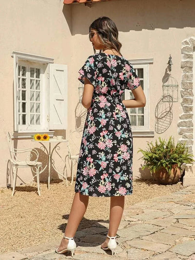 Floral Print Midi Dress Women Robe Elegant Chic