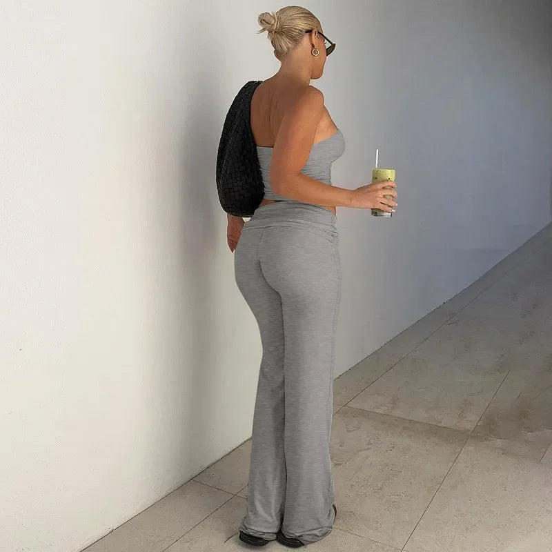 Women's Clothing 2025 Spring Fashion New Item Solid Color Strapless Top Flared Pants Fashionable Slim Fit Sports Suit for Women
