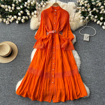 Retro Elegant Summer Stand Collar Flare Sleeve Single Breasted Lace Spliced Dress A-line French Evening Party Women Dresses