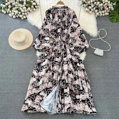 Retro Elegant Sashes O Neck Single Breasted Print Dresses Long Lantern Sleeves A-line Casual High Waist Women Autumn Clothing
