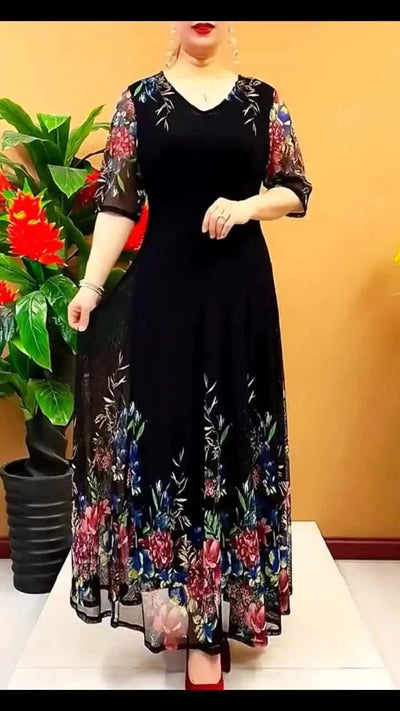 Women's Clothing Stylish Floral Printed Long Dress Summer Short Sleeve Casual Gauze Spliced Elegant V-Neck A-Line Waist Dresses