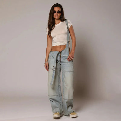 Jumpsuits Women Jeans Overalls Sexy Backless Vintage Full Length Denim Straight Pants Loose Pockets Distressed Washed Casual