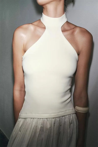 Women's Dress New Summer 2025 White Halterneck Panelled Dress Sexy off-the-shoulder design Elegant temperament Personality