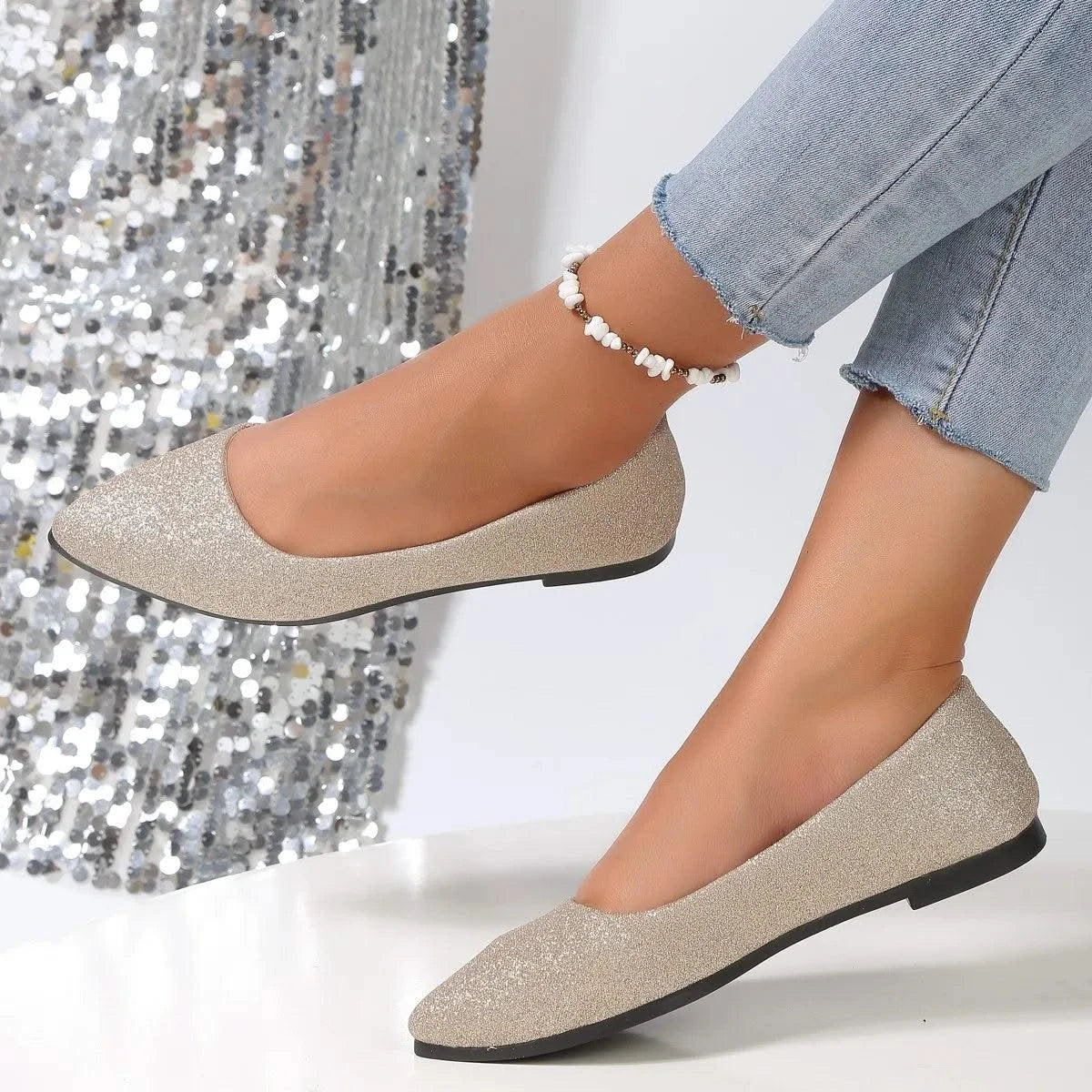 Glittery Slip on Loafers | Breathable Pointed Toe Boat Shoes | Shallow Flats Women Plus Size 43