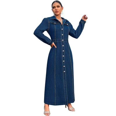 Denim Dress Women Long Dresses Spring Turn Down Collar Elegant Work Splice Vestidos Single Breasted A Line Y2k Tops Streetwear