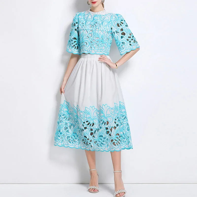 Summer Short Sleeve A-LINE Set Skirt for Women Fashion Ruffled Collar Embroidery Set Skirt Women Vestidos De Verano Mujer Q344
