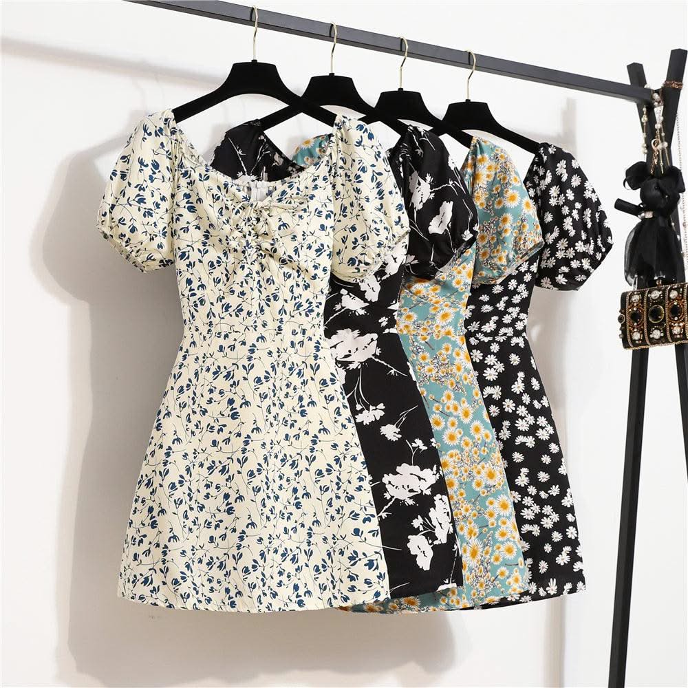 Women Mini Printed Floral Chiffon Shirring Pleated Short Puffy Sleeve Casual Dresses Summer Fashion