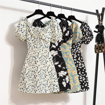 Women Mini Printed Floral Chiffon Shirring Pleated Short Puffy Sleeve Casual Dresses Summer Fashion