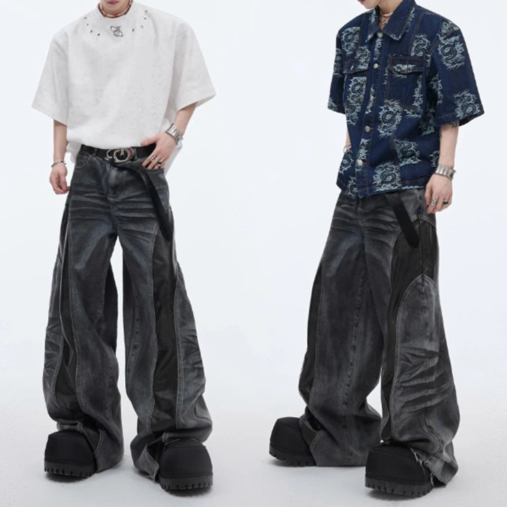 Mens Jeans Pu Leather Stitching Whisker Washed Wilderness Style Casual Pants Streetwear Fashion Personality Trousers Men'S Wear