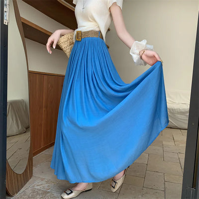 2025 New High Waisted Cotton Linen Pleated Midi Skirt – Summer Flowy A-Line Maxi Skirt for Women, Breathable & Elegant