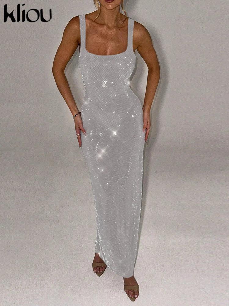kliou Sequins Women Maxi Dress Stunning Shiny Elegant Sleeveless Backless Sheath Vestidos Mujer Elegant Fashion Evening Bodycon