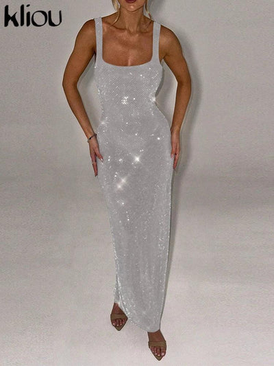 kliou Sequins Women Maxi Dress Stunning Shiny Elegant Sleeveless Backless Sheath Vestidos Mujer Elegant Fashion Evening Bodycon