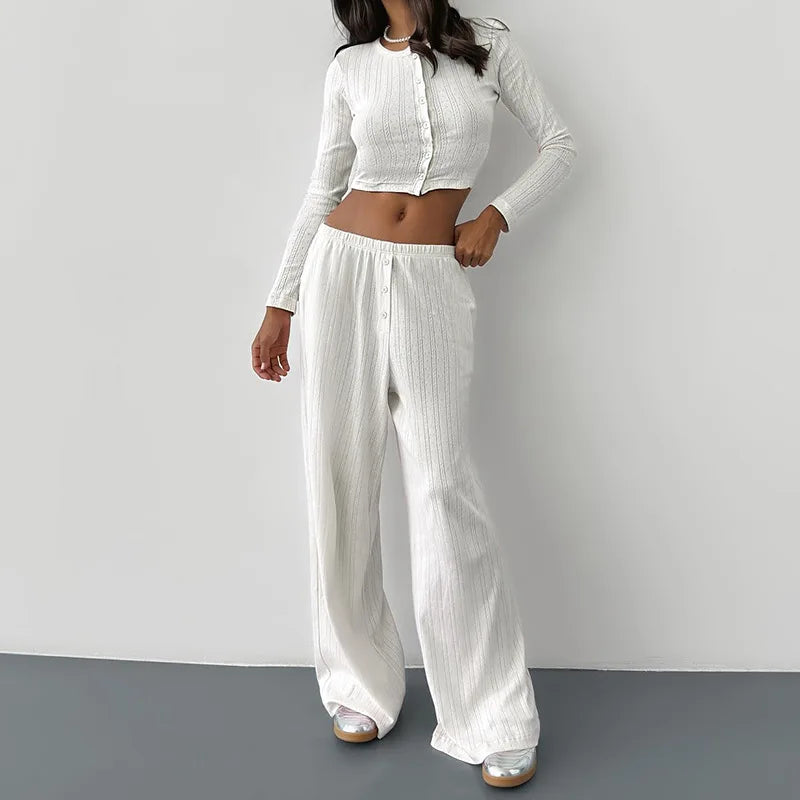 Women Homewear Two Piece Pajamas Set Elegant Long Sleeve Crop Top Wide Leg Pants Suit Outfits Loungewear Sleepwear Pyjamas