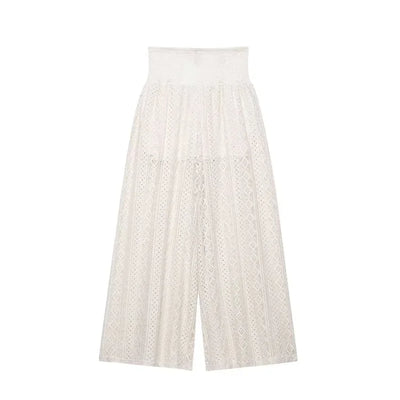 TRAF Women Lace Trousers Embroidery Hollow Out Simple Women's Pants Elastic Waist Loose Pants Female Wide Leg Pants