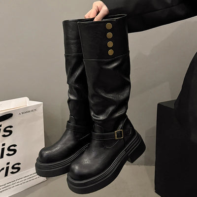 Vintage Women Knee High Boots Autumn Winter Ladies Causal Thick Heel Knight Long Botas Zapatos De Mujer