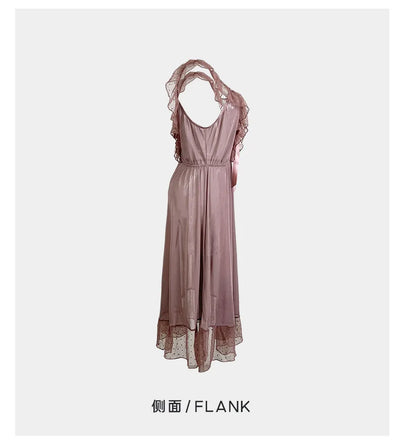 Women's Sexy Lingerie Nightgown Semi Sheer Babydoll Sleepwear Dress With Polka Dots Bow Knot Decor Summer Mesh V-Neck Loungewear