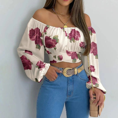 Women Sexy Off Shoulder Blouse Chic and Elegant Printing Lantern Long Sleeve