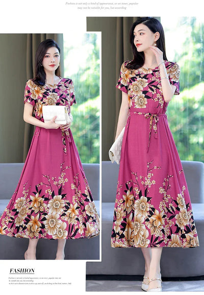 New Fashion 2024 Print Summer Dresses For Women Short Sleeve O-Neck Elegant Summer Dress Woman Clothing