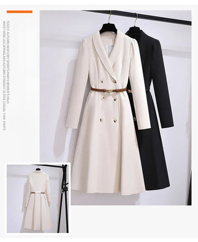 Women's Dress Double Breasted Elegant Dresses for Women 2025 Autumn Off white Dress Belt Knee-Length Solid Fashion Woman Clothes
