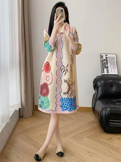 Womens Dresses Evening Dresses Beautiful Lssey Miyake Pleated Dress Summer new Fashion Lapel Loose Slim Long Print Fat mm Skirt