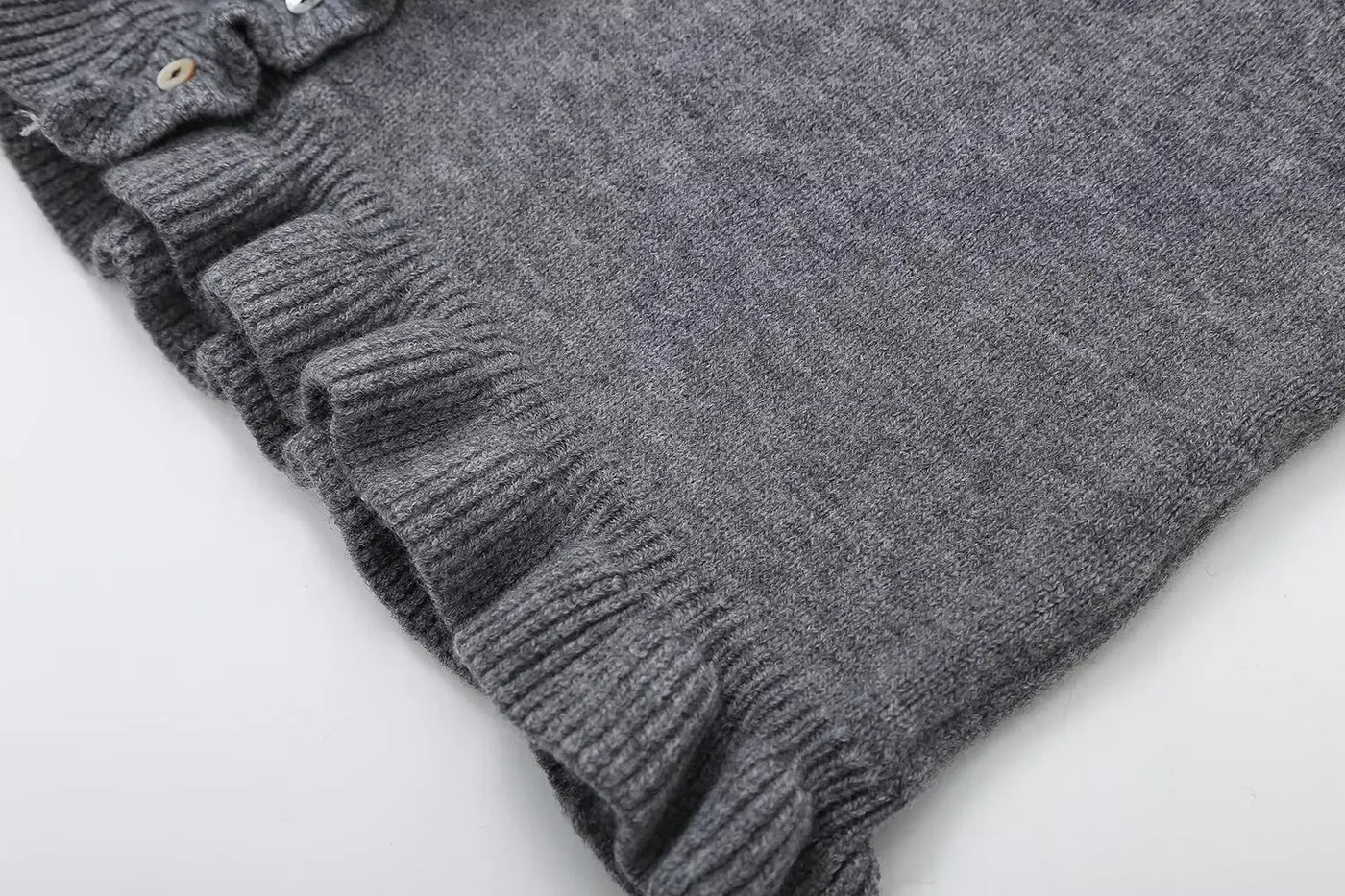 Women Ruffle Gray Knitted Cardigan Outerwears New Autumn Women Long Sleeve Sweater Elegant Button-Down Cardigan