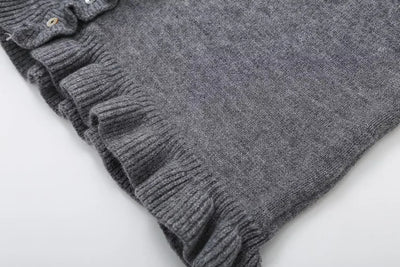 Women Ruffle Gray Knitted Cardigan Outerwears New Autumn Women Long Sleeve Sweater Elegant Button-Down Cardigan