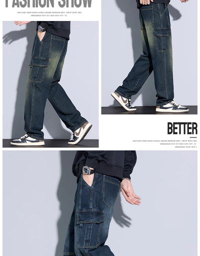 Men's 97% Cotton Straight Cargo Jeans Trendy Multi-pocket Nostalgic Loose Trousers Man American Vintage Fashion Denim Pants
