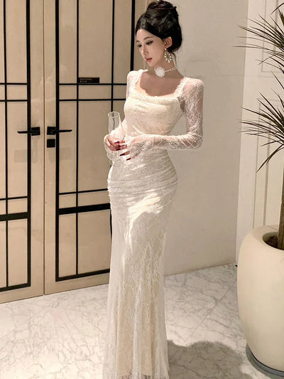 Women Korean Fashion Chic Luxury Evening Dress Autumn Winter White Lace Diamond Square Collar Dress 2025 Elegant Mermaid Dresses