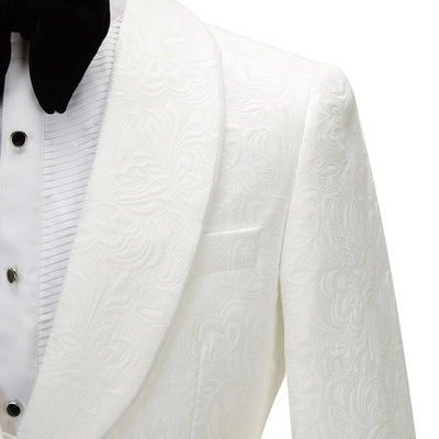 2025 Men's Suit for Wedding Ivory Jacquard Shawl Lapel White Jacket Black Pants with Satin Side Stripe Jacket Tuxedo Slim Fit - Elanique