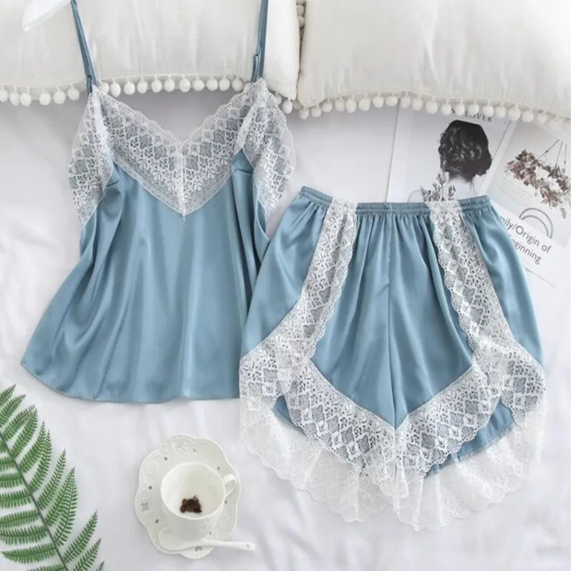 Women's Sleepwear Set Sexy Lace Trim Sleeveless Camisole Shorts Pajama Sets Summer Two Piece Nightwear Loungewear for Women ﻿