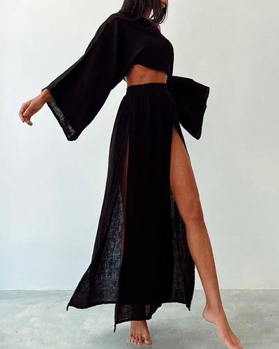 Casual Solid Cotton Linen 2 Piece Sets Spring O Neck Crop Top High Waist Slit Women Skirt Outfit Summer Flare Sleeve Hollow Suit