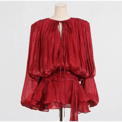 Ruffles Mini Dress Women Lace Up  V Neck Long Sleeve Pleated Female Dresses 2025 Elegant Summer Autumn Street Loose Ladies Robes