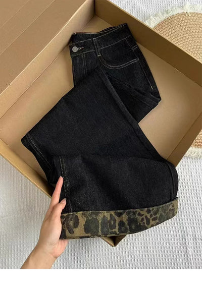 Oversized Wide Leg Pants for Women Spring Autumn Retro High Waist Leopard Print Jeans American Style Straight Loose Denim Pants