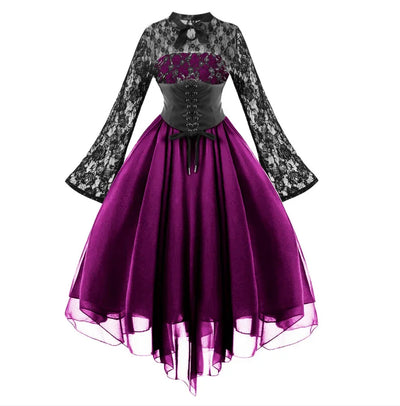 Renaissance Court Gown Victorian Medieval Costume Women Halloween Cosplay Full Sleeve Lace Dress Birthday Party Princess Suit