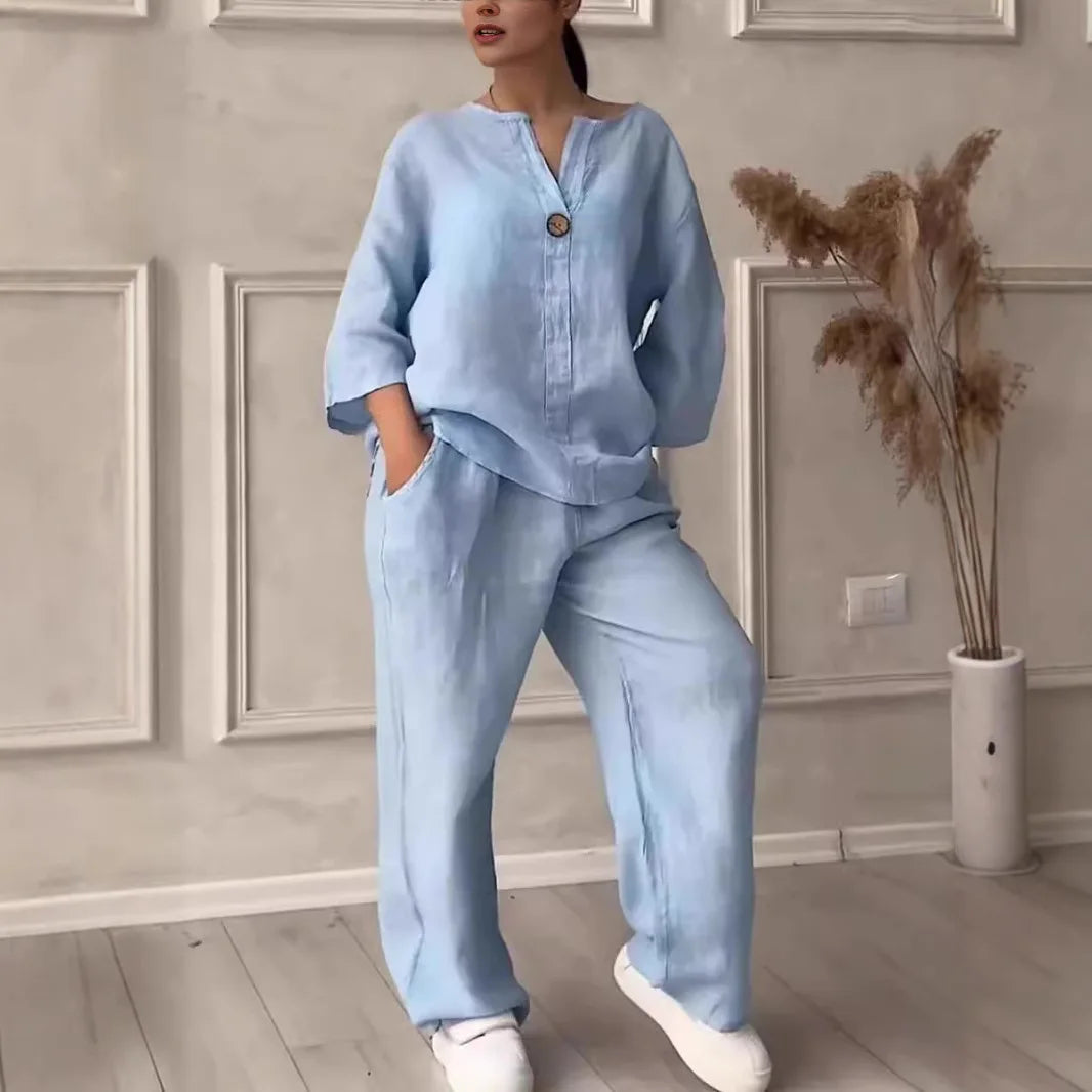 Comfortable Loose Cotton Linen Women's two pieces set Top Wide Leg Pants Casual  Fashion Set Suits Spring Summer Wear Outfits